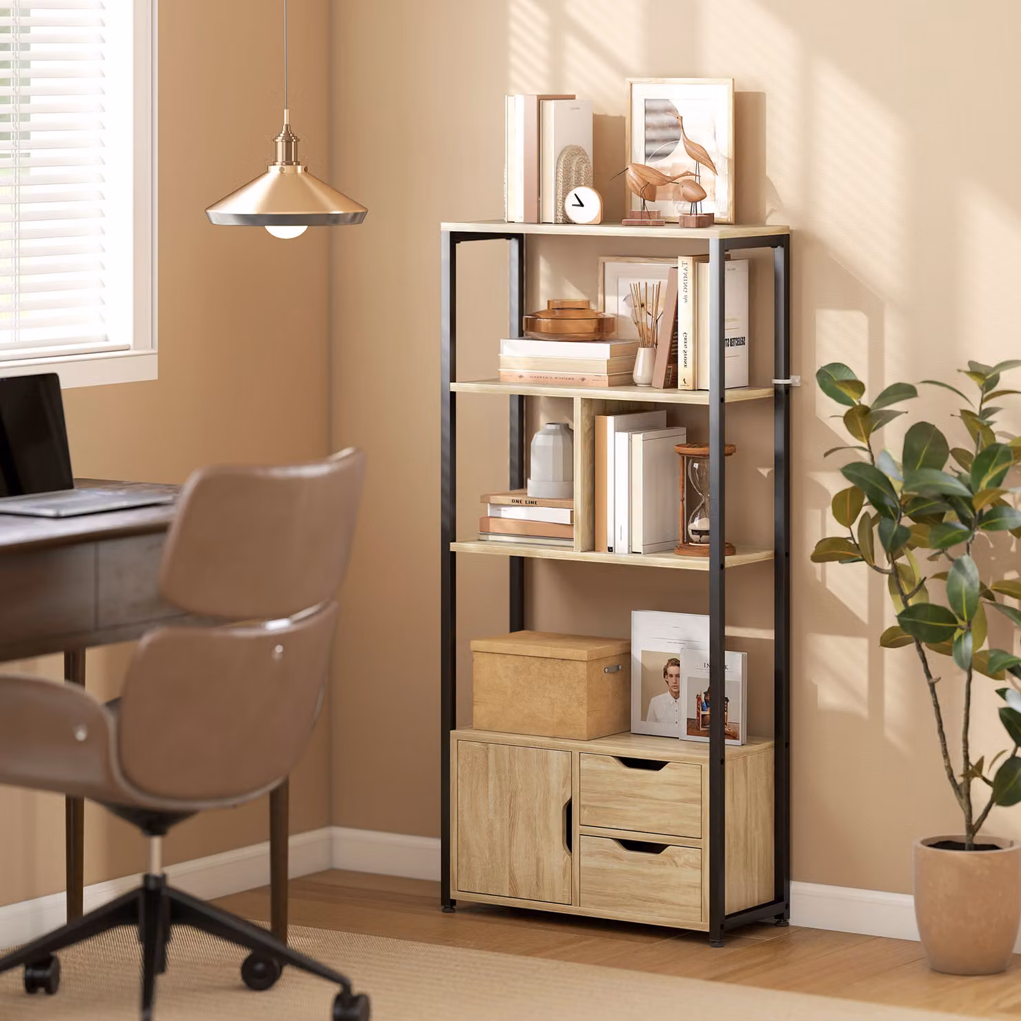 Libreria in stile industriale HOMCOM con 3 ripiani, armadietto con anta e 2 cassetti, effetto legno naturale e nero, L 58 cm x P 24 cm x H 122 cm – 2