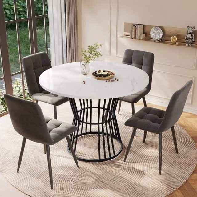 Tavolo da Pranzo Rotondo Minimal con Piano Effetto Marmo Bianco e Telaio in Metallo Nero, Diametro: 100 cm, Altezza: 75 cm – 1