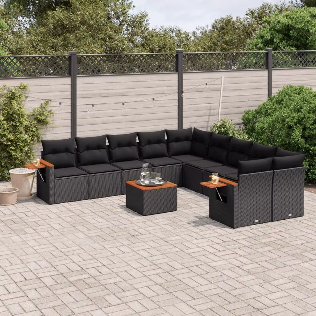 vidaXL Set Divani da Giardino 11 pz in Polyrattan Nero con Cuscini e Tavolino da Esterno a Forma di L – 1