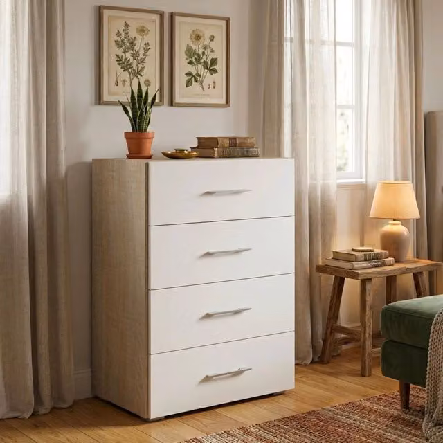 Cassettiera Solano DMORA con 4 cassetti per camera da letto o ufficio, Rovere e Bianco, L: 60 cm, P: 41 cm, H: 87 cm – 1