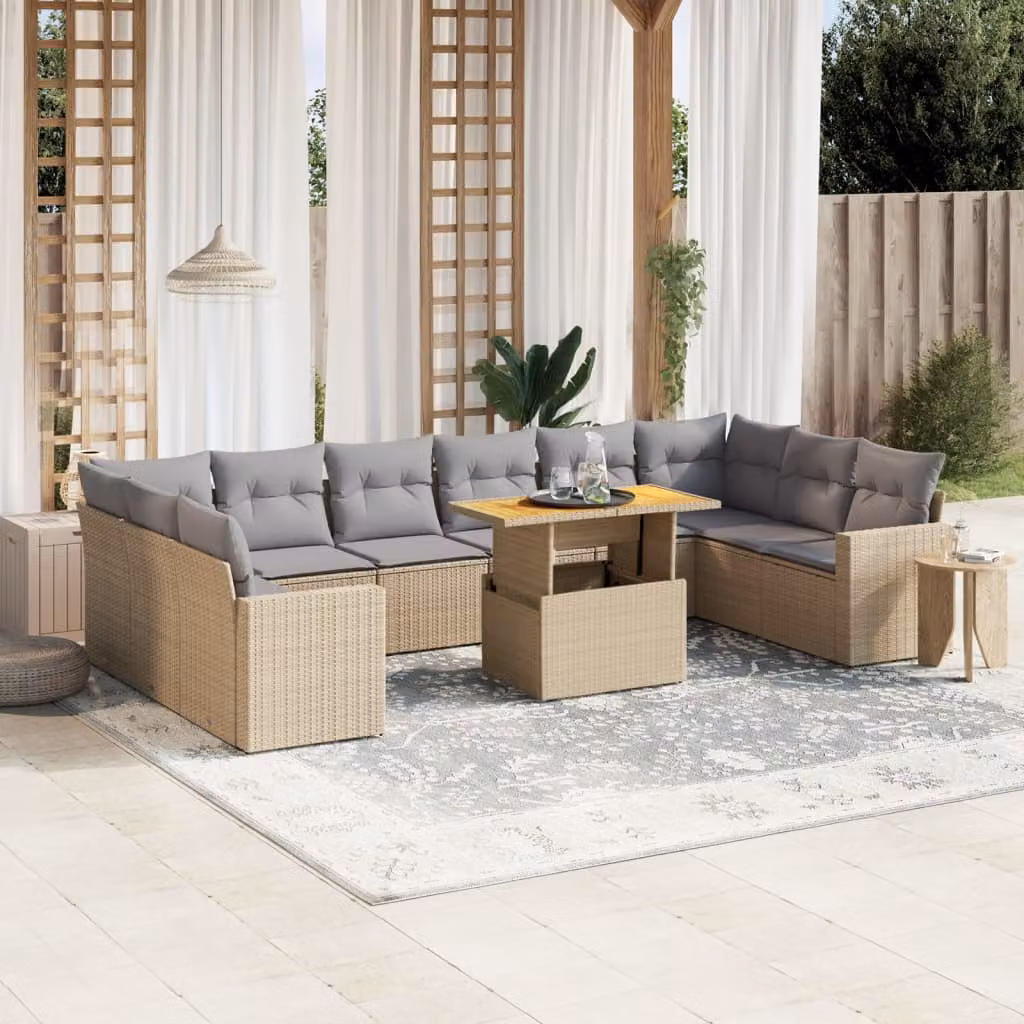 Set di Divani da Giardino vidaXL 11 pz con Cuscini Beige e Tavolino, Design Moderno a L in Polyrattan e Legno di Acacia – 1