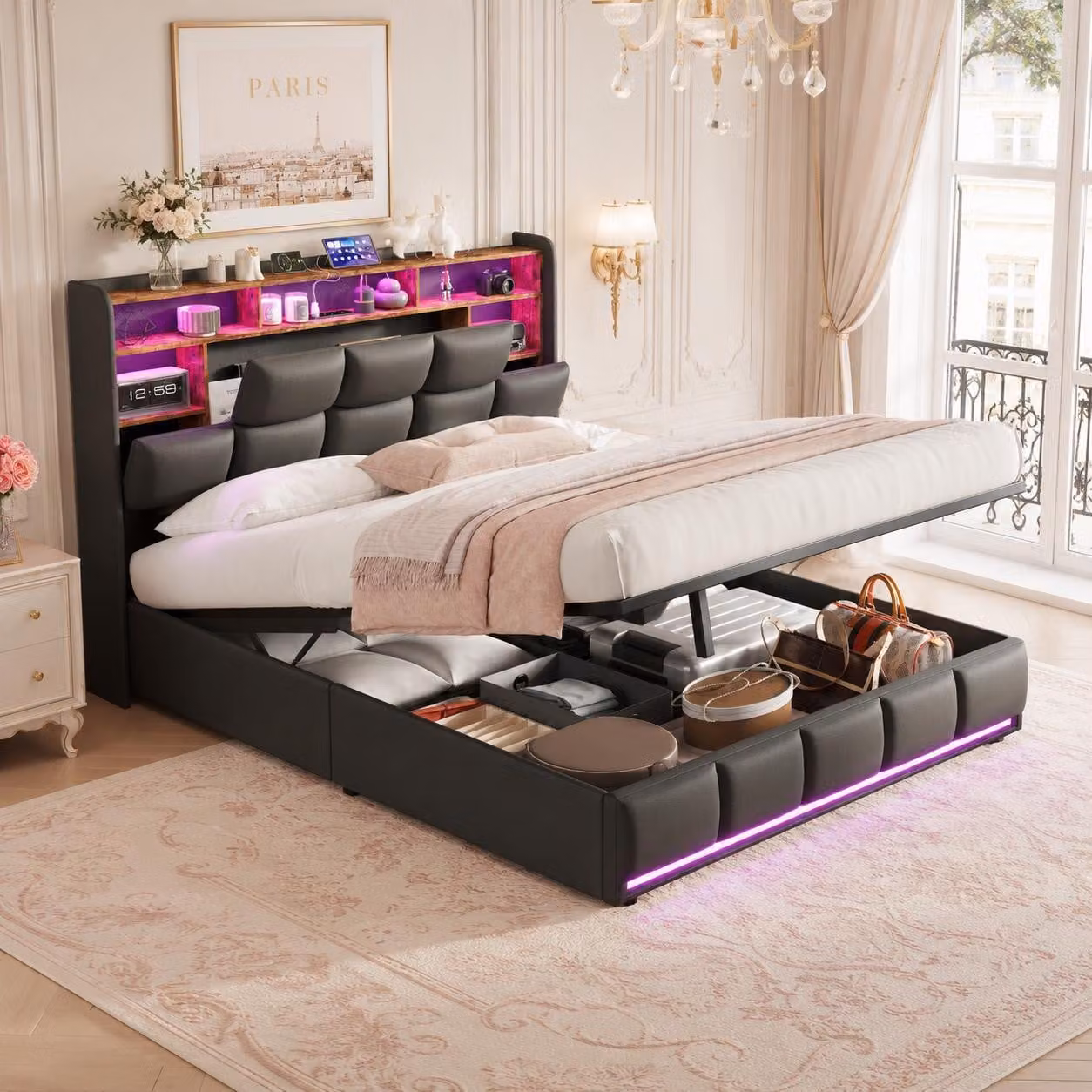 Letto imbottito INONEFT 140x200 cm con LED, prese USB e prese di corrente, letto a molle con contenitore integrato nella testiera, letto matrimoniale con cassettone e rete a doghe, rivestito in ecopelle nera