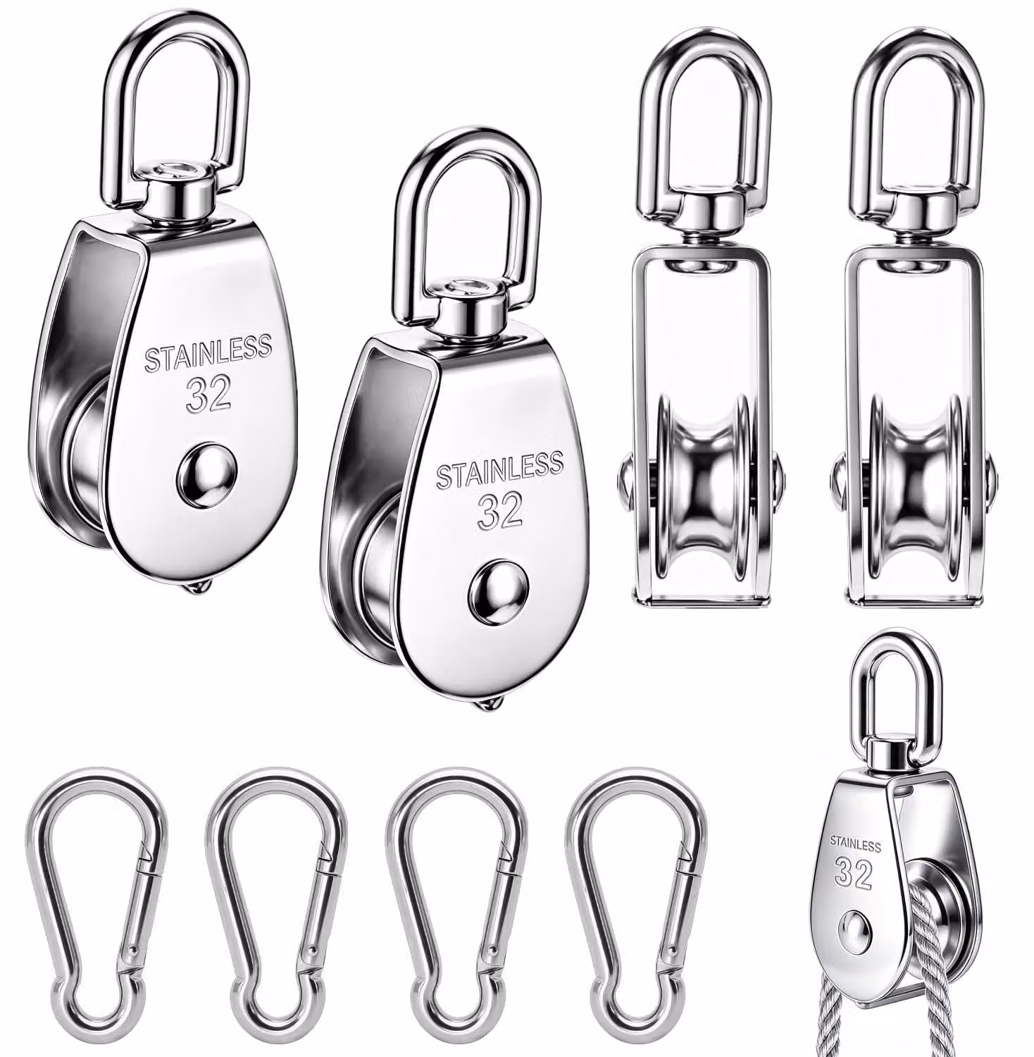 Set di 4 carrucole, capacità di carico di 250 kg, filettatura M6, acciaio inossidabile 304