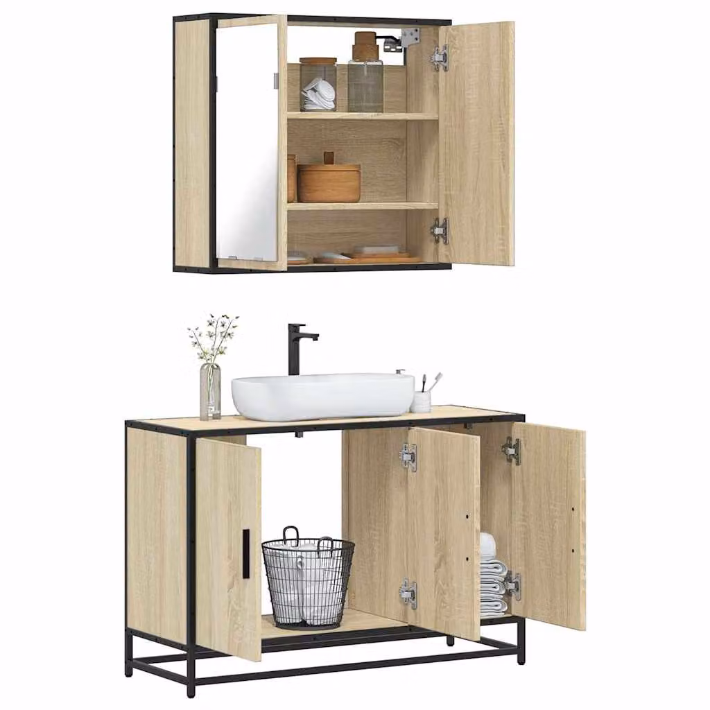 Set di mobili da bagno vidaXL in stile industriale composto da mobile lavabo e armadietto con specchio, colore marrone, in legno e metallo