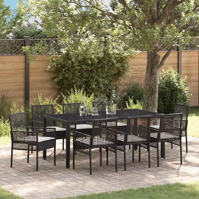 Set da pranzo per giardino e terrazzo vidaXL in polyrattan nero e beige con tavolo in vetro, 9 pezzi