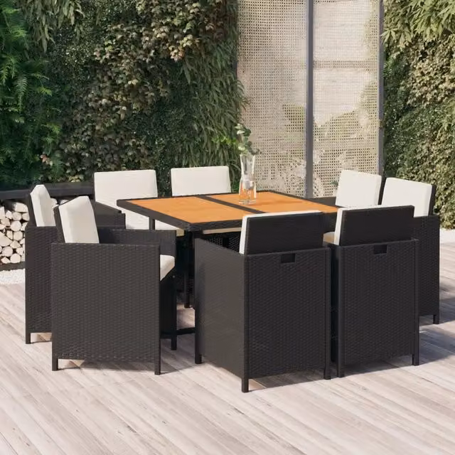 Set da pranzo da giardino vidaXL in polyrattan e legno di acacia con cuscini, 9 pezzi, nero e bianco – 1