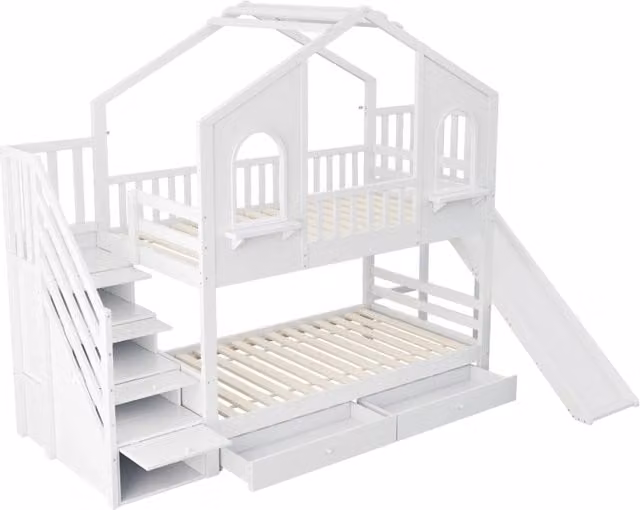 Letto a castello per bambini 90x200 cm con design a casetta, scivolo, scala con contenitore e cassetti, bianco