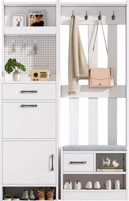 Mobile da ingresso 7-in-1 con panca imbottita; scarpiera a ribalta; 2 cassetti; 7 ganci e parete forata; truciolato; bianco; 110x35x175;5 cm