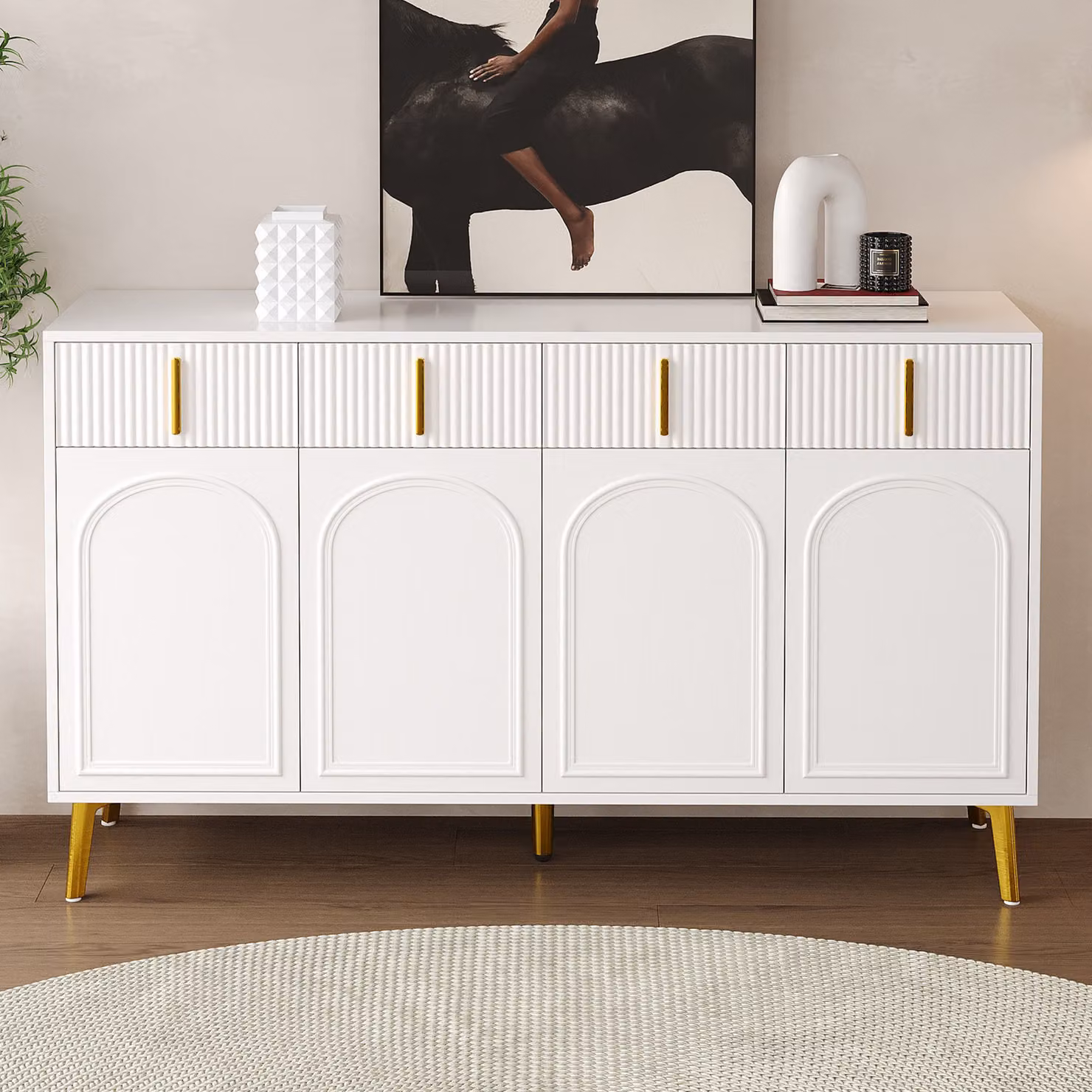 Credenza Merax con maniglie dorate, cassettiera con 4 ante e 4 cassetti, credenza in MDF, cassettiera con ripiani regolabili, bianco
