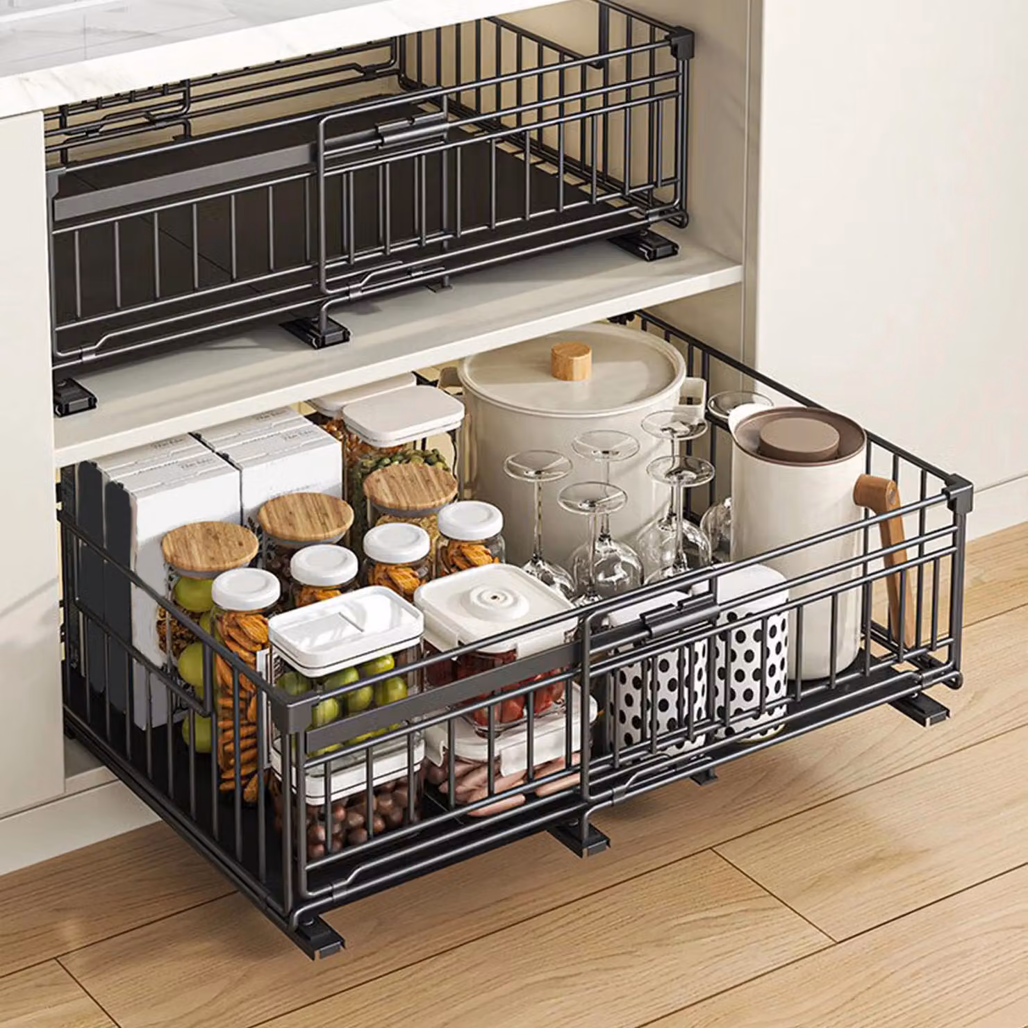 Ripiano estraibile per l'organizzazione degli armadi - Set da 2 - Dimensioni regolabili - Estensibile - Acciaio al carbonio - Installazione senza foratura - Ideale per armadi da cucina