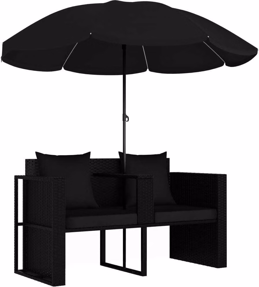 Lettino da Giardino con Ombrellone in Polyrattan Nero