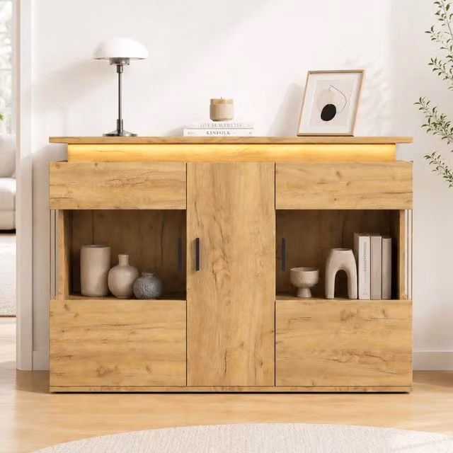 Credenza e madia con LED, vetrine e stazione di ricarica USB-C per soggiorno e cucina, rovere chiaro, 120 × 40 × 79.5 cm