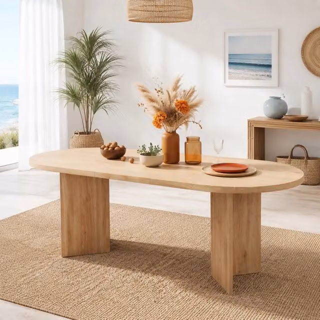 Tavolo da pranzo per 6-8 persone con piano in MDF da 18 mm e angoli arrotondati, finitura rovere per sala da pranzo