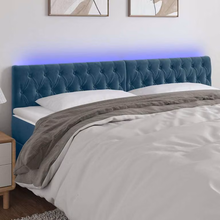Testiera per letto vidaXL in velluto blu scuro con illuminazione LED e porta di ricarica USB, L: 200 cm, P: 7 cm, H: 78-88 cm