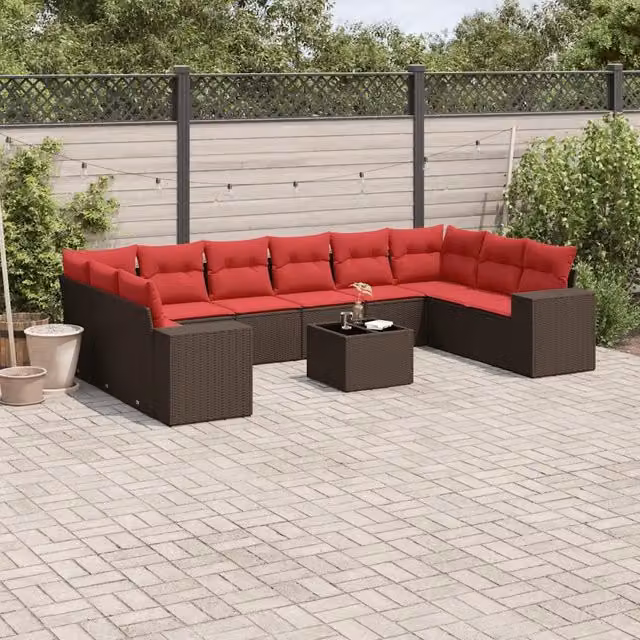 Set di Divani da Giardino vidaXL 11 Pezzi in Polyrattan Marrone con Cuscini e Tavolino da Caffè – 1