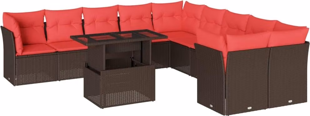 Set Divani da Giardino 11 pz con Cuscini Marrone in Polyrattan