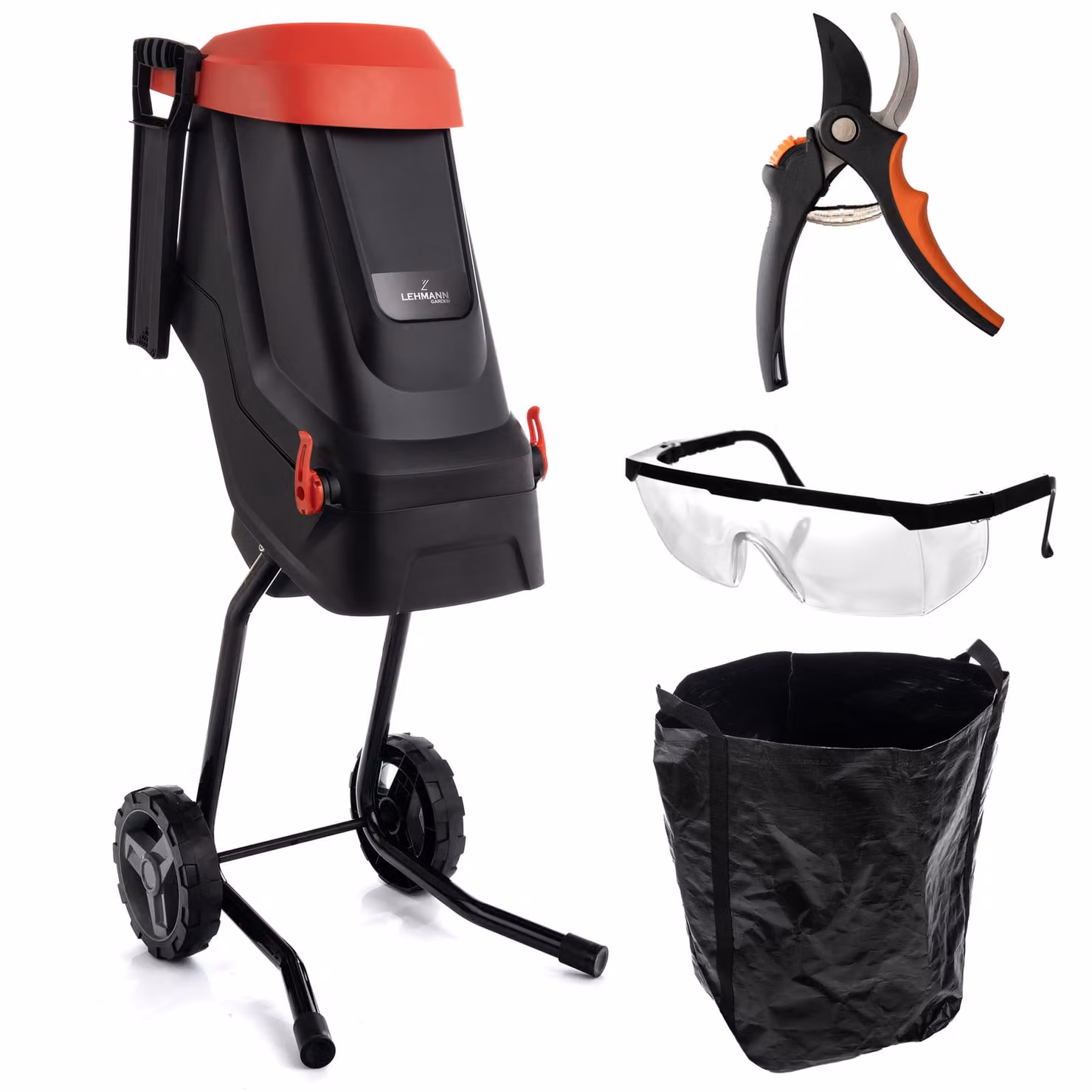 Trituratore elettrico LEHMANN, spessore di taglio max 45 mm, cesto da 45 litri, lame Acciaio al carbonio SK5, set di accessori - forbici e occhiali di sicurezza