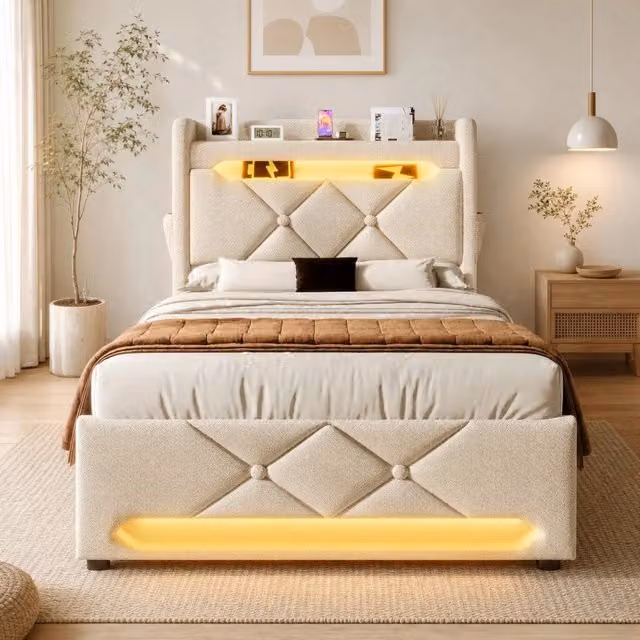 Letto singolo con contenitore Mivray beige con testiera dotata di illuminazione LED, porte USB e Type-C, L/P: 90 x 200 cm