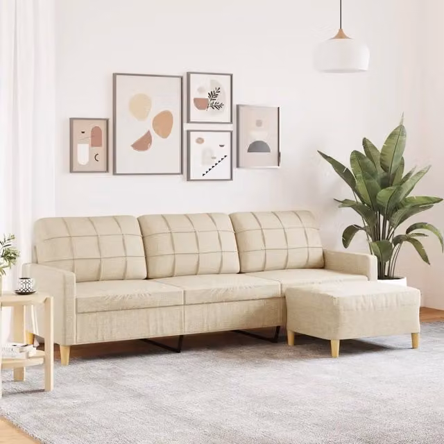 vidaXL Divano a 3 Posti Moderno con Poggiapiedi Beige in Tessuto e Struttura in Metallo