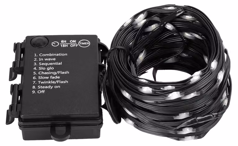 Catena luminosa a LED, 10 metri, luce bianca fredda, alimentazione a batteria (3 batterie AA), materiali: PVC/rame
