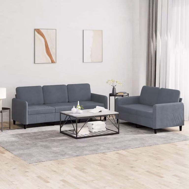 Set di divani vidaXL in velluto grigio composto da un divano a 2 posti e uno a 3 posti con design moderno e cuscini inclusi