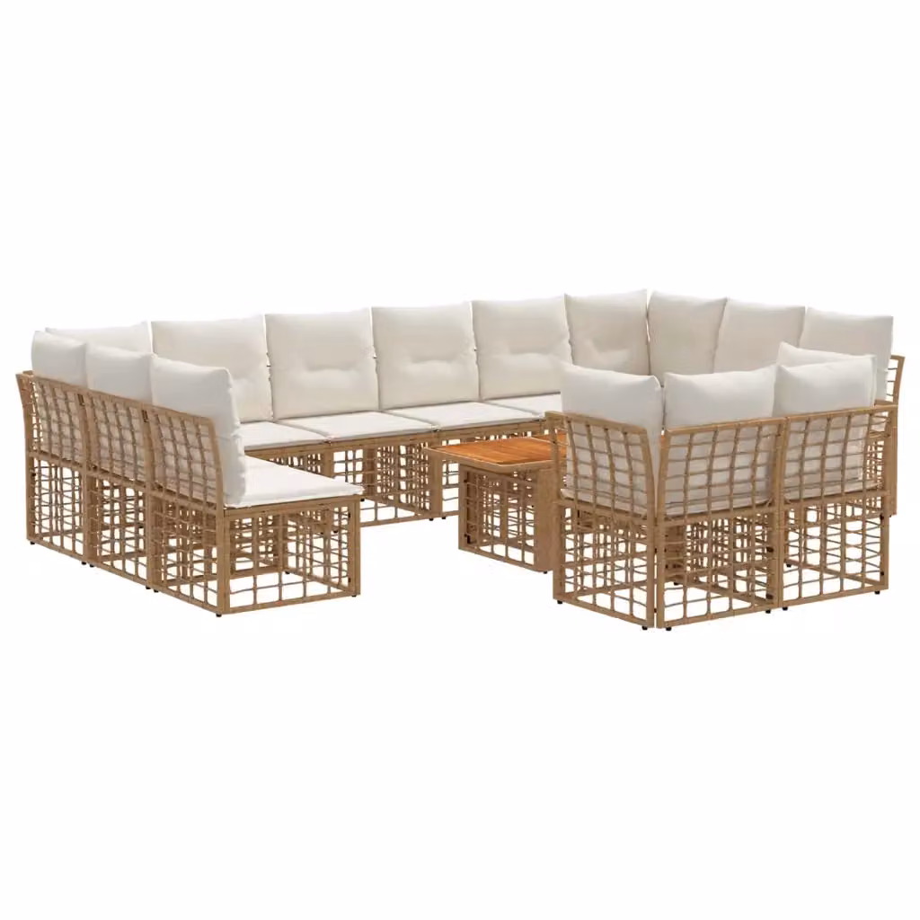 Set Divano da Giardino vidaXL a forma a U in Polyrattan con Cuscini, Colore Naturale e Bianco Crema, 13 Pezzi – 2