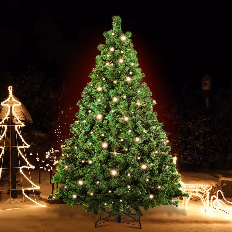 Albero di Natale artificiale Izrielar da 210 cm con 1200 aghi in PVC, 400 luci LED bianche calde e supporto in metallo, abete, albero di Natale