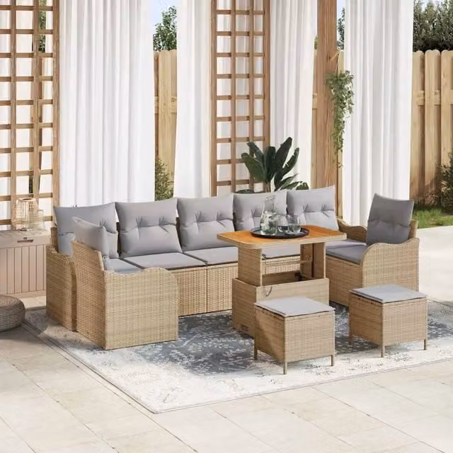 Set Divano da Giardino a Forma di U vidaXL con Tavolino e Pouf, Colore Grigio o Beige, Struttura in Acciaio e Legno di Acacia