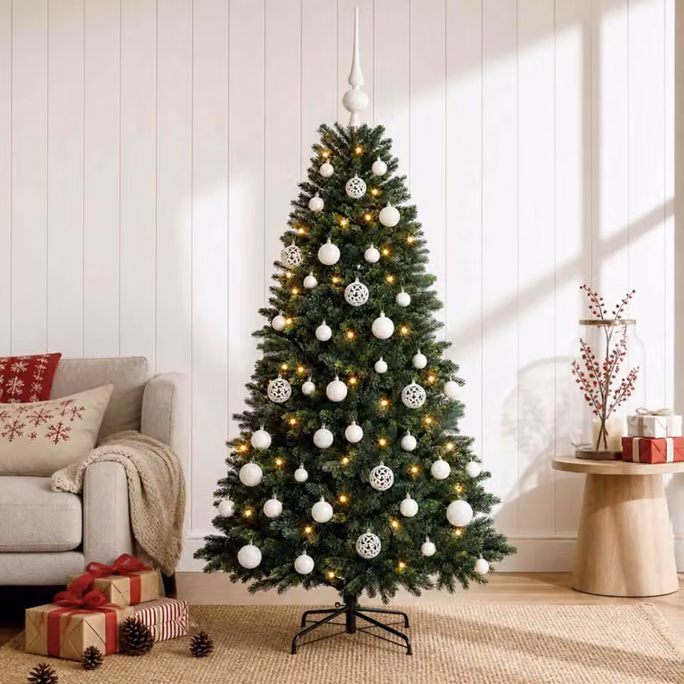 Albero di Natale artificiale verde vidaXL con 150 LED luce bianca calda e decorazioni, Altezza: 120 cm