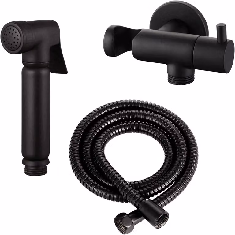 Set per bidet con doccetta, colore nero opaco, realizzata in ottone massiccio, tubo da 120 cm, montaggio a parete, per uso con il water
