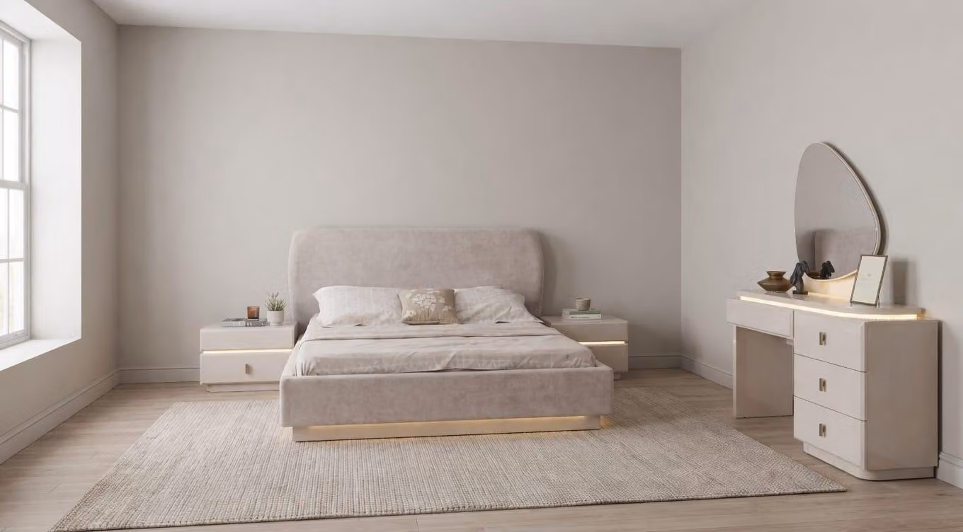 Set completo per camera da letto beige di alta qualità: letto, comodini, specchiera con illuminazione a LED