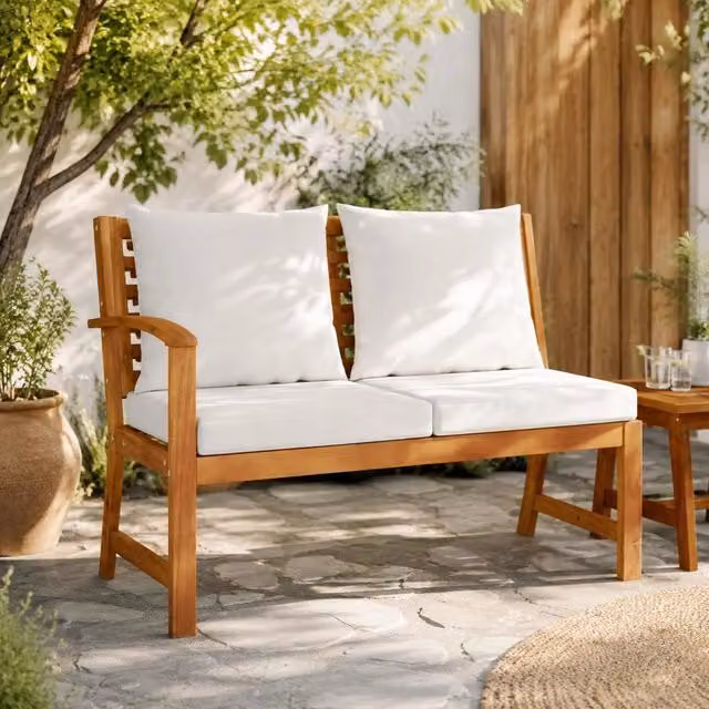 Garden Bench 114.5 Cm With Cream-white Cushions, Solid Acacia Wood