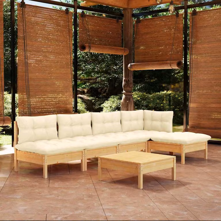 Set di divani da giardino vidaXL in legno di pino massello con cuscini beige, 6 pezzi, design moderno a forma di L