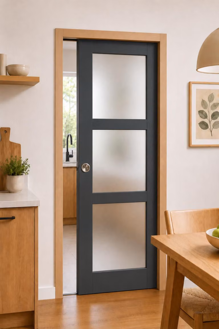 Porta scorrevole Blakeria grigia antracite con vetro H204 x L83 cm, con incasso, kit finitura Gd Menuserie