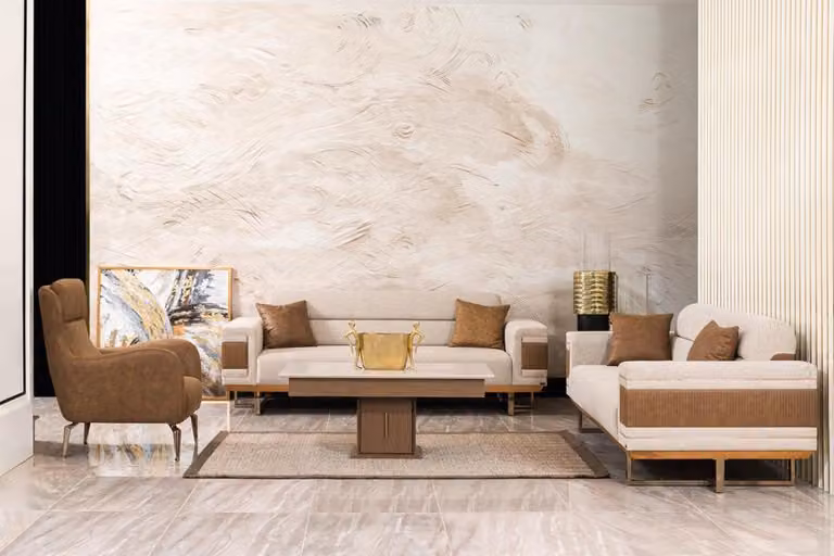 Sofagarnitur 2x 3-Sitzer Sofas Stoff Couchen Polster Garnitur Sofas Braun Sessel