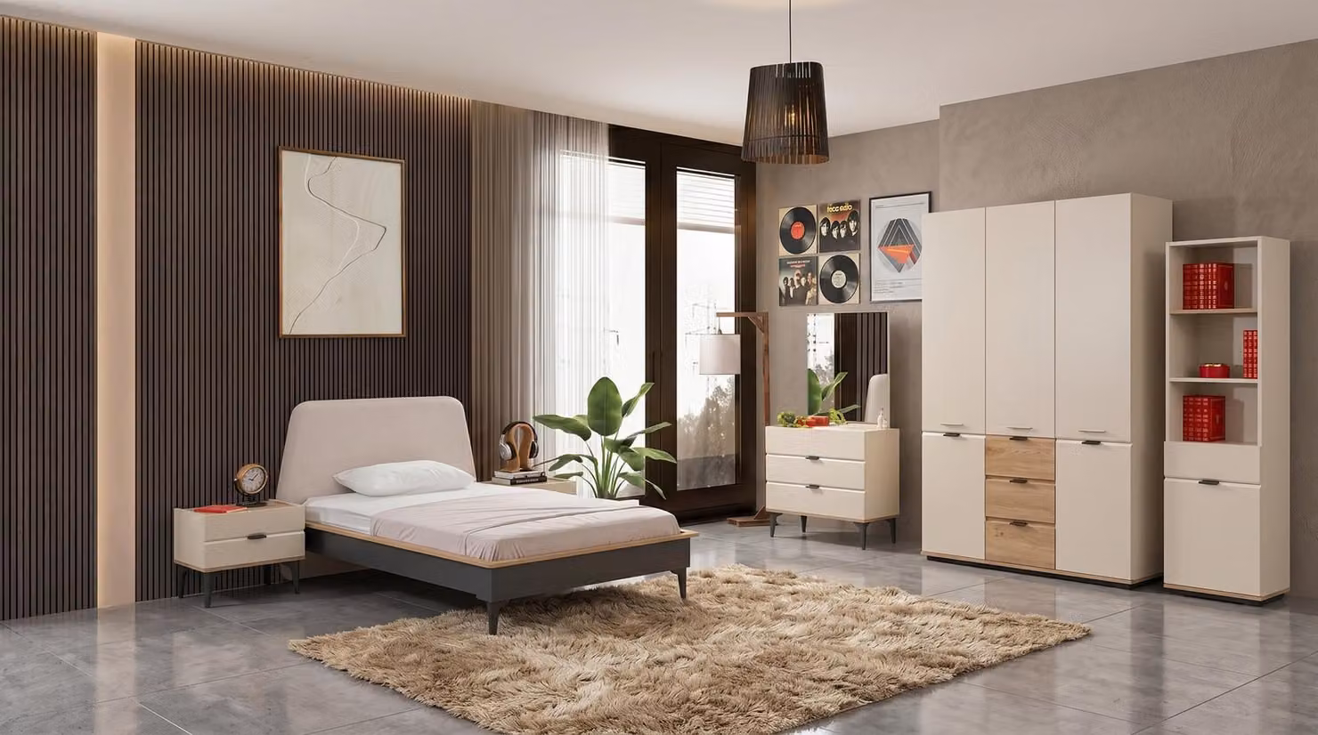 Letto, armadio, cassettiera, comodini, libreria, tutto in stile moderno e color beige, per una camera da letto giovanile