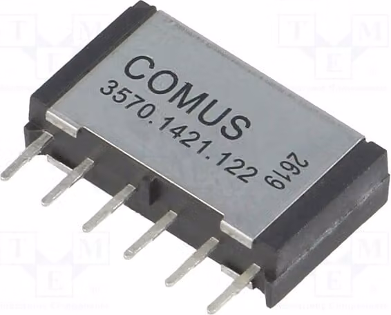 1 relè: Bobina Reed, 12 VDC, massima tensione 200 VDC, corrente massima 500 mA, potenza massima 10 W, montaggio a foro passante (THT), codice prodotto 3570.1421.122, marca Elektromag