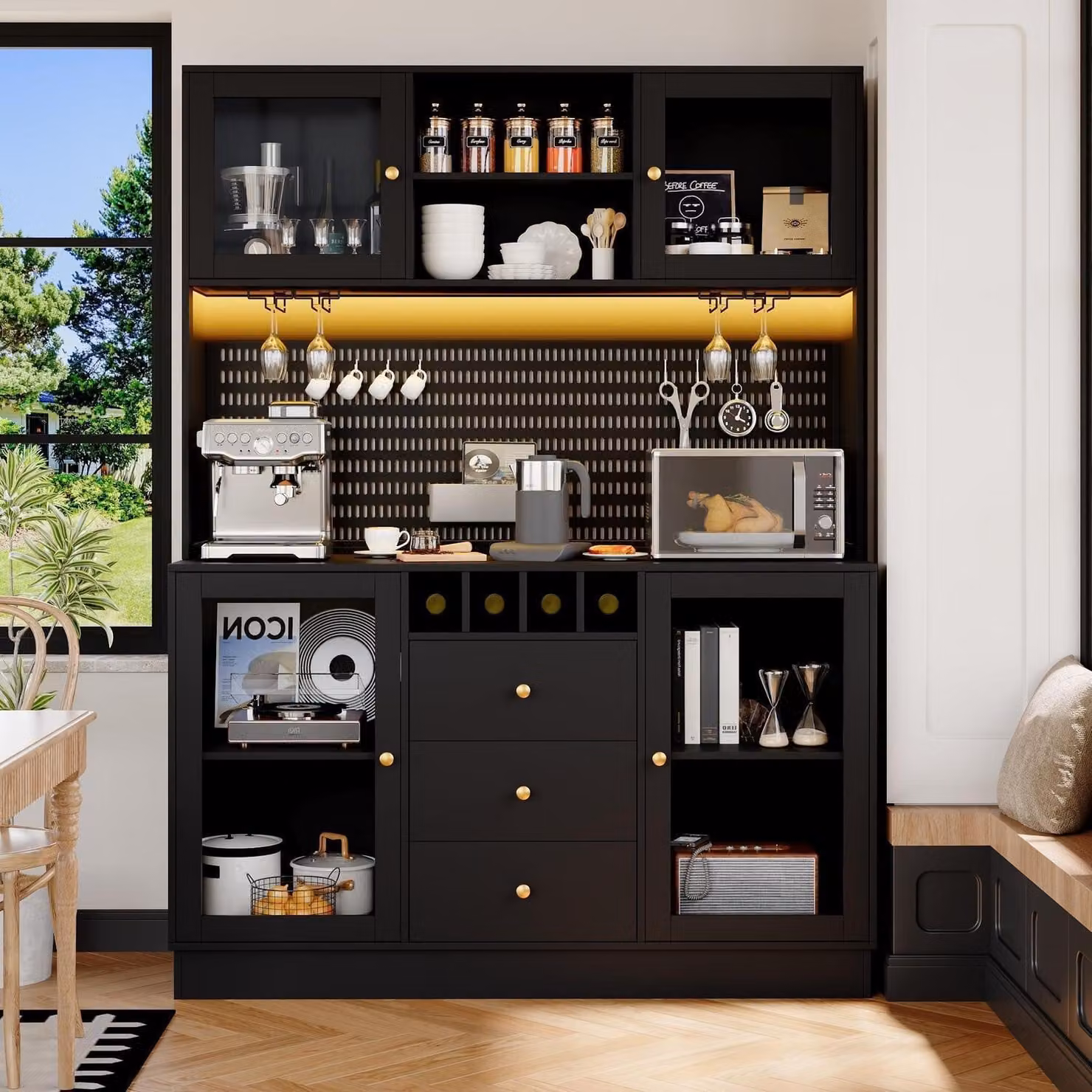 Mobiletto da cucina alto con illuminazione a LED e piano di lavoro, dimensioni 140x40x185,7 cm, colore nero