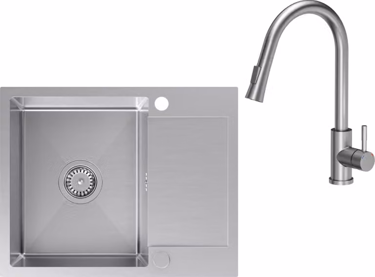 VBChome Lavello in acciaio inox con rubinetto 60 x 48 cm Lavello da incasso in acciaio inox spazzolato con due fori Lavello grande Lavello da cucina con sgocciolatoio Sifone