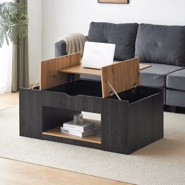 Tavolino basso alzabile con 3 vani e ripiano aperto in MDF grigio e marrone effetto legno 109.5 × 59.7 × 43 cm
