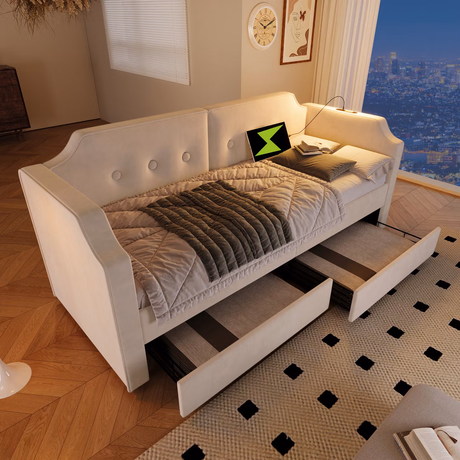 okwish Divano letto giorno 90x200 cm con doghe in legno, letto giorno bambino con lampada da lettura USB-Tipo-C e 2 cassetti portaoggetti (senza materasso) - beige