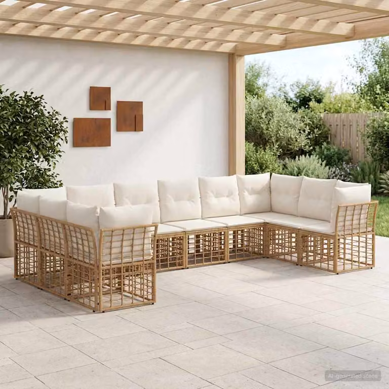 vidaXL Set di divani da esterno a forma di U per 10 persone, colore beige, con struttura in acciaio verniciato a polvere e cuscini inclusi