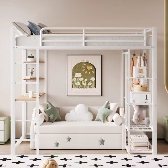 Letto a soppalco 90x200 cm con scrivania; scaffali e armadio; letto rialzato bianco salvaspazio