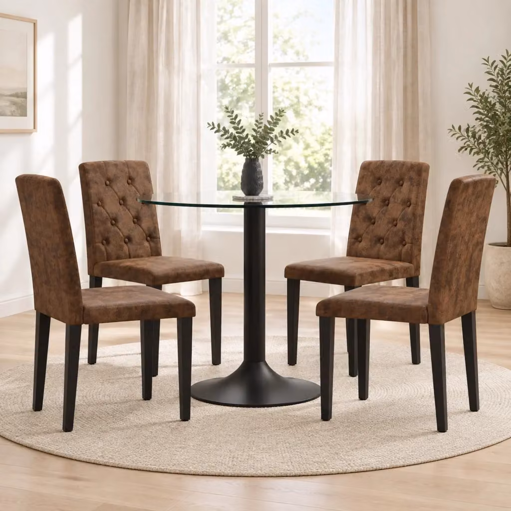 Set da pranzo Mivray composto da tavolo rotondo con piano in vetro trasparente e 4 sedie, colori marrone, nero e trasparente – 2