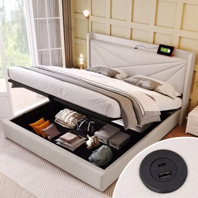 Letto contenitore matrimoniale OKWISH con testiera imbottita e porte di ricarica USB e Type-C, beige, L/P: 160 x 200 cm – 1