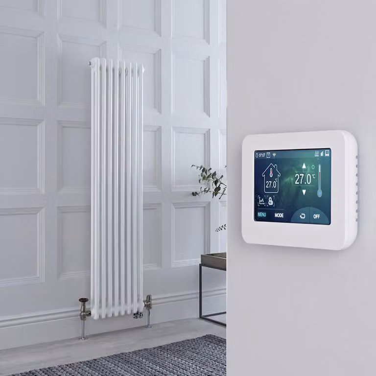 Radiatore Misto Verticale Doppio Regent Bianco con Valvole in Nichel Satinato, Termostato WiFi e Display Touchscreen, H: 150 cm, L: 38 cm