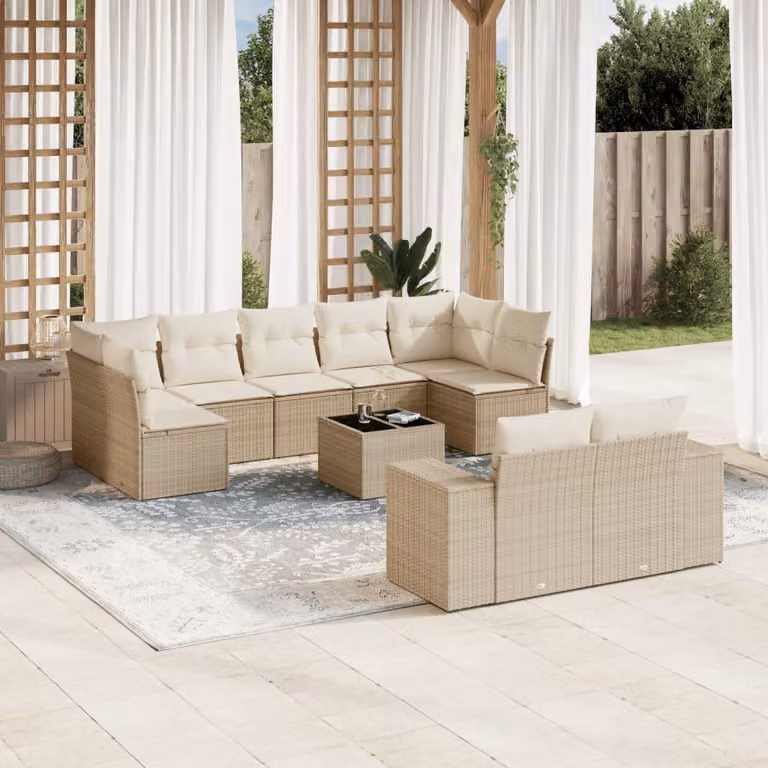 Set Divano da Giardino vidaXL 10 pz in Polyrattan Beige con Cuscini e Tavolino da Esterno