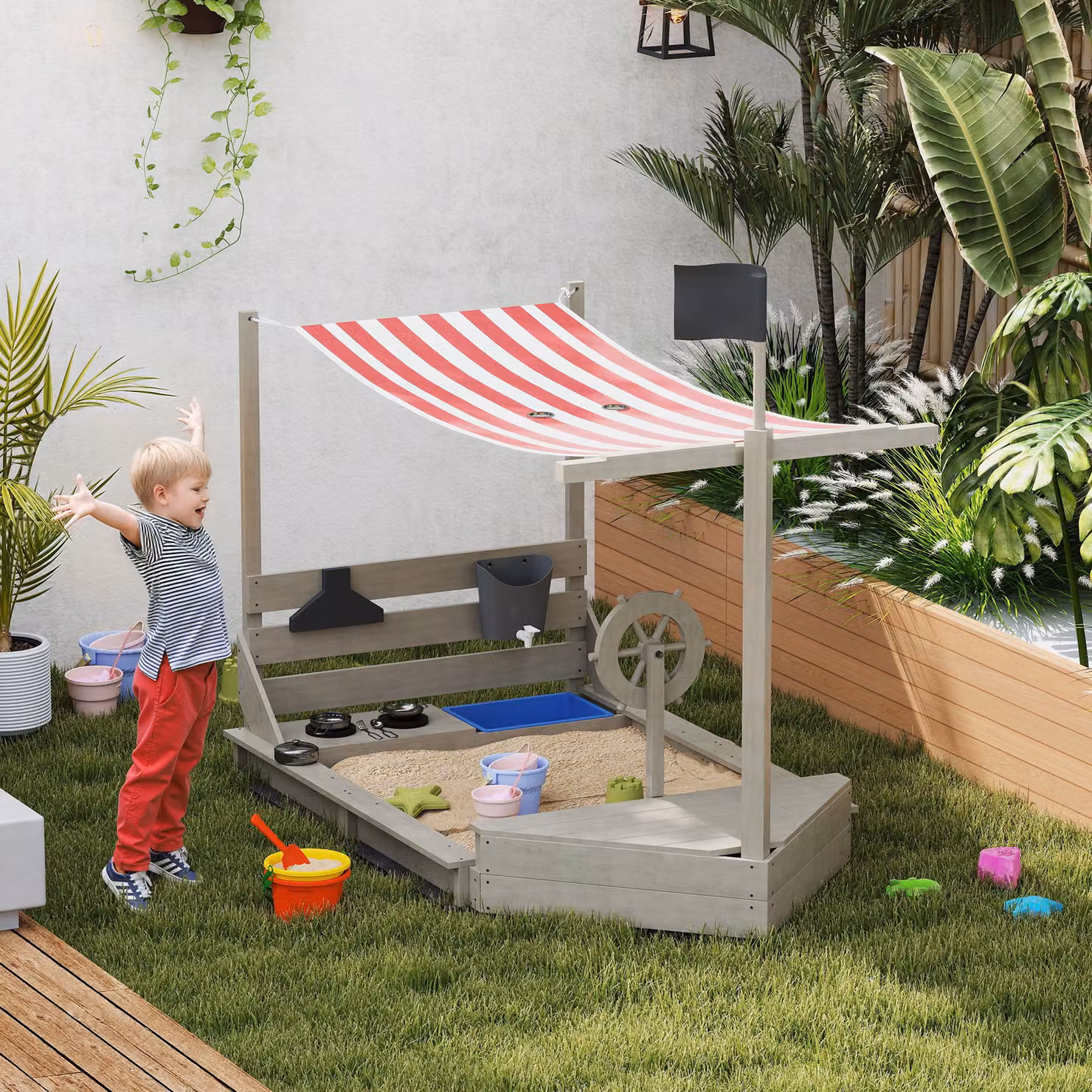 Outsunny Sabbiera a tema Pirata con tetto parasole e set da cucina per bambini, in legno massello, Grigio, L: 180 cm, P: 103 cm, H: 144,5 cm – 2