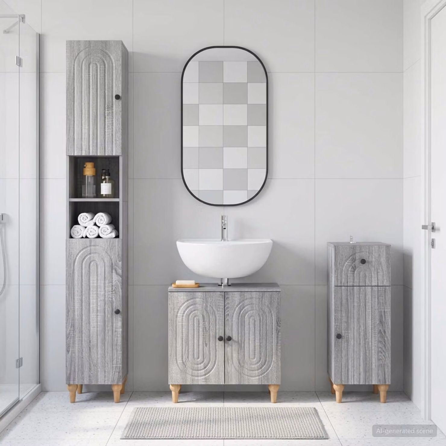 Set di armadietti da bagno moderni vidaXL ALKMAAR in 3 pezzi, colore grigio Sonoma, con mobile alto, mobile sottolavabo e mobile laterale