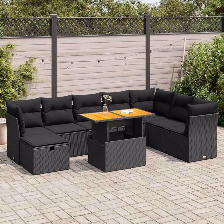 Set di divani da giardino vidaXL 9 pezzi in polyrattan nero con cuscini e tavolino da esterno in legno di acacia